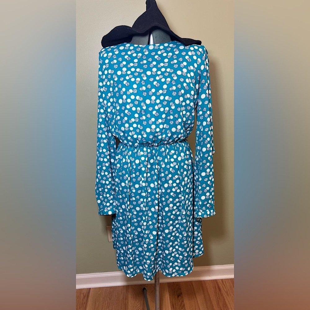 Kit and Sky Blue Polk-a-Dot Long Sleeve Dress, M
